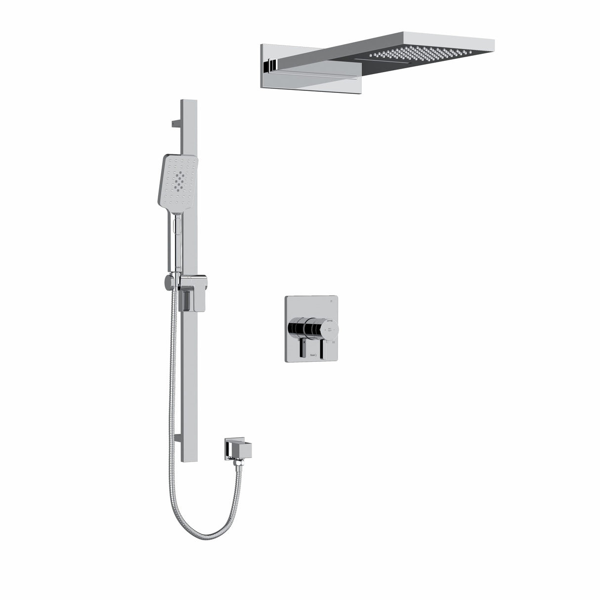Type T/P (thermostatic/pressure balance) " coaxial 3-way system with hand shower rail and rain and cascade shower head