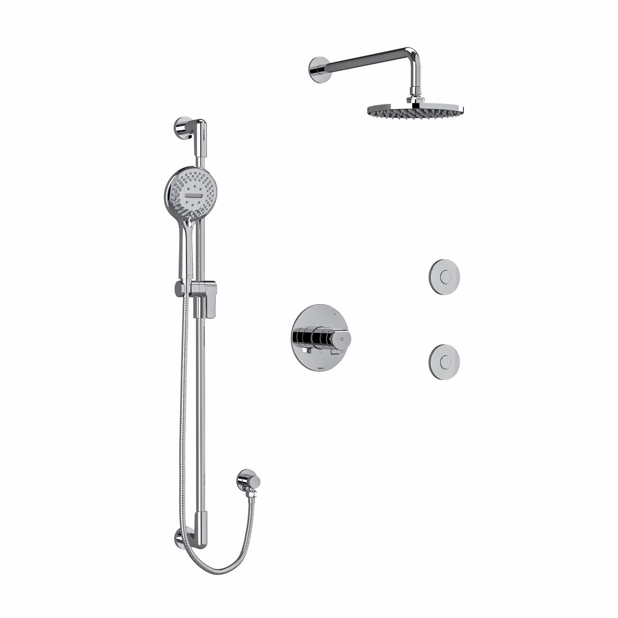 Type T/P (thermostatic/pressure balance) " coaxial 3-way system, hand shower rail, elbow supply, shower head and 2 body jets