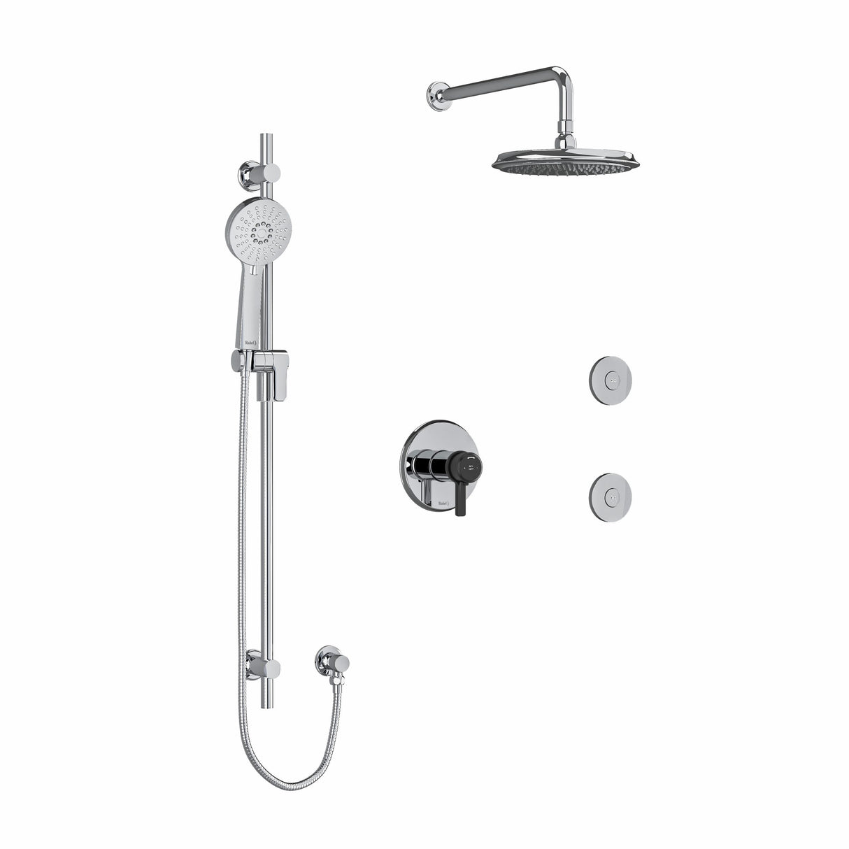 Type T/P (thermostatic/pressure balance) " coaxial 3-way system, hand shower rail, elbow supply, shower head and 2 body jets