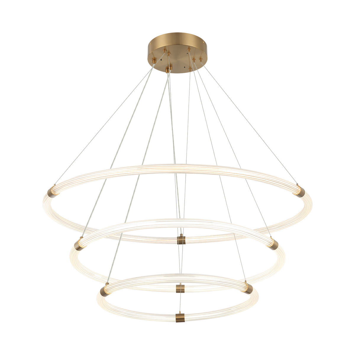 Matteo Inkara three-tier ring pendant in Aged Gold Brass with round canopy and suspension cables