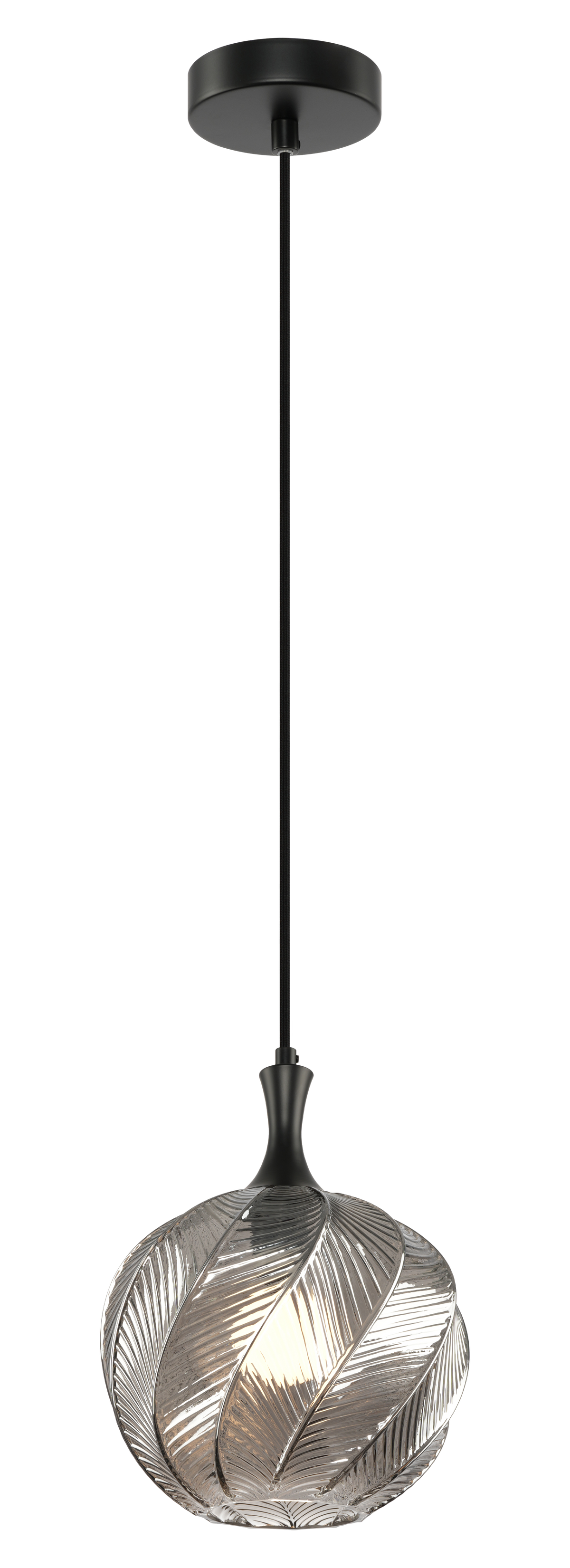 Matteo Eesha round leaf-pattern pendant in Matte Black + Smoked Glass