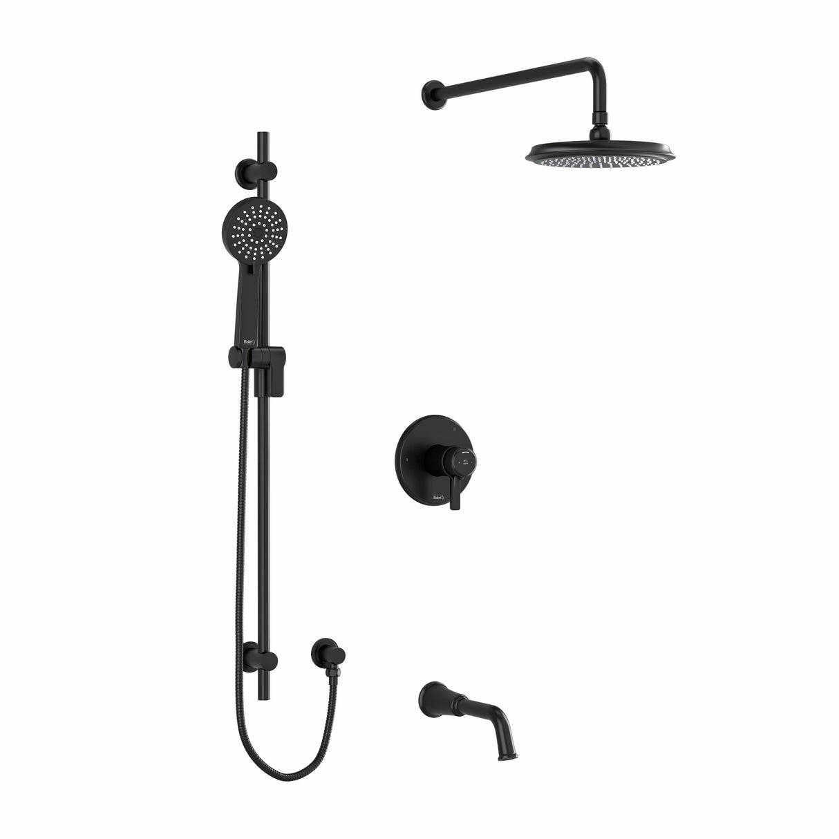 Type T/P (thermostatic/pressure balance) " coaxial 3-way system with hand shower rail, shower head and spout