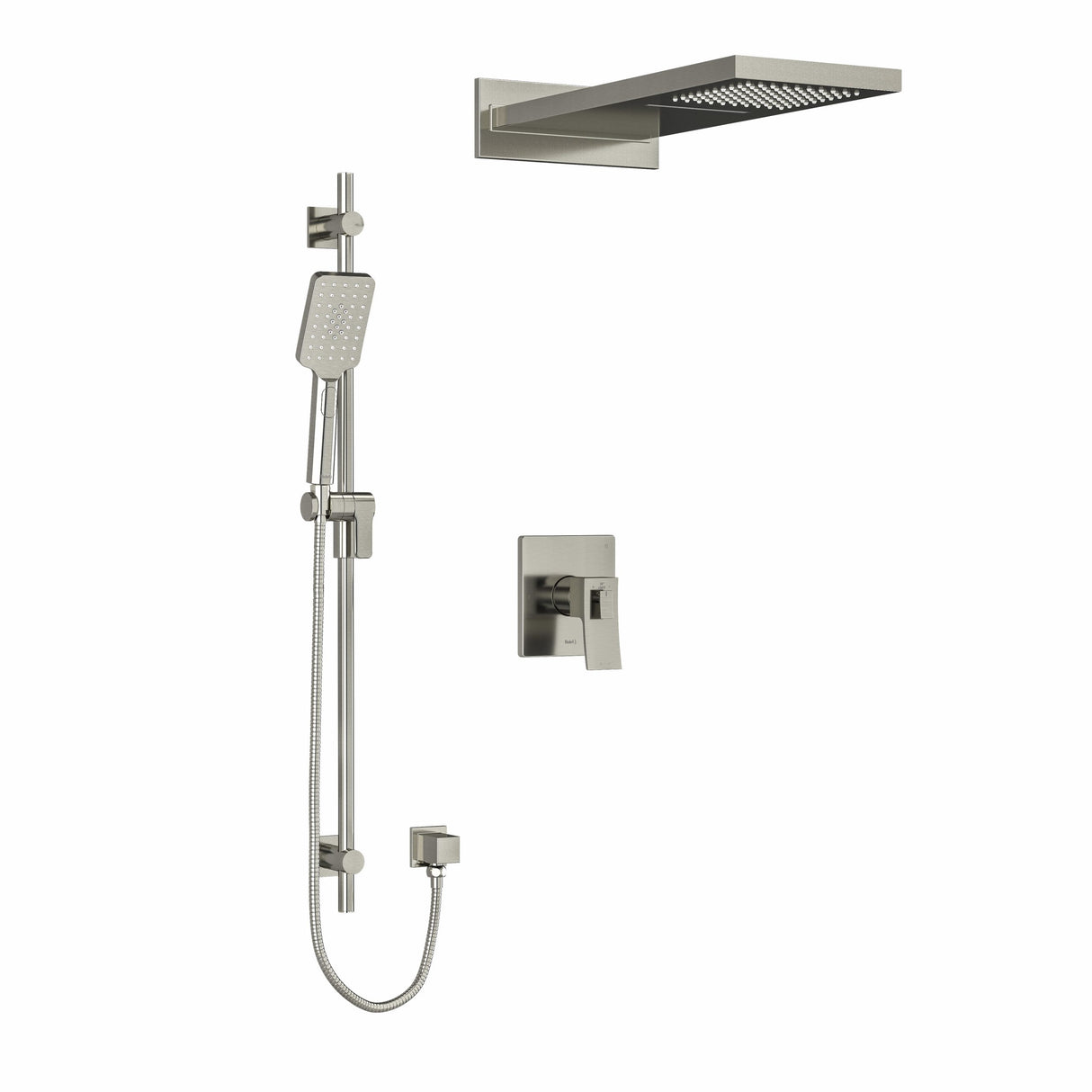 Type T/P (thermostatic/pressure balance) " coaxial 3-way system with hand shower rail and rain and cascade shower head