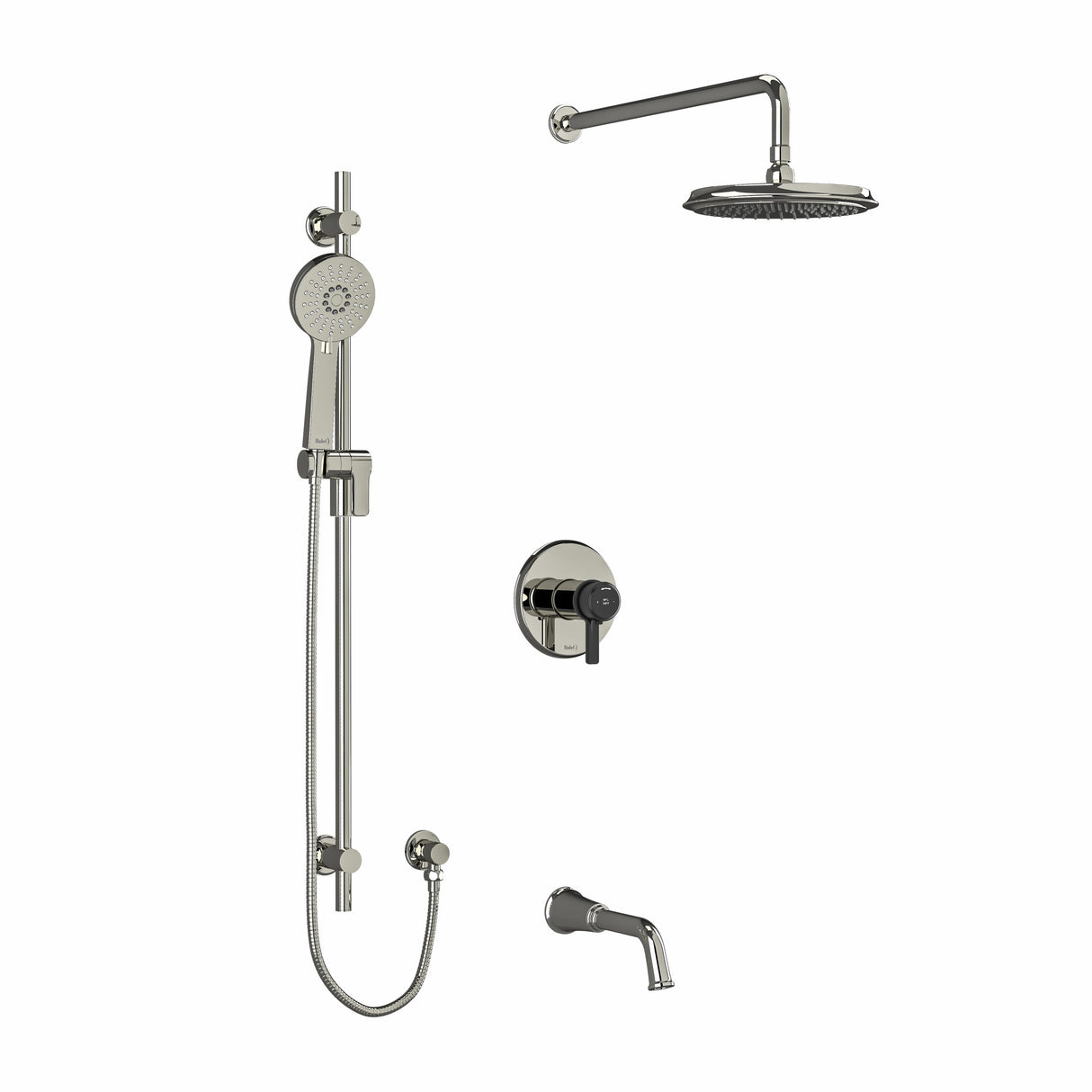 Type T/P (thermostatic/pressure balance) " coaxial 3-way system with hand shower rail, shower head and spout
