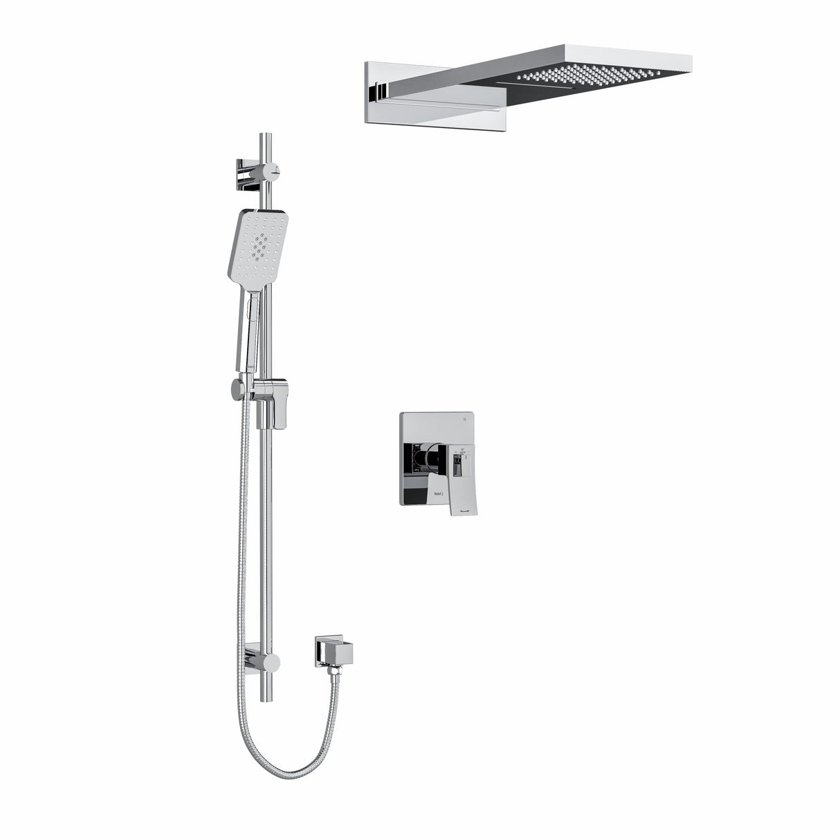 Type T/P (thermostatic/pressure balance) " coaxial 3-way system with hand shower rail and rain and cascade shower head