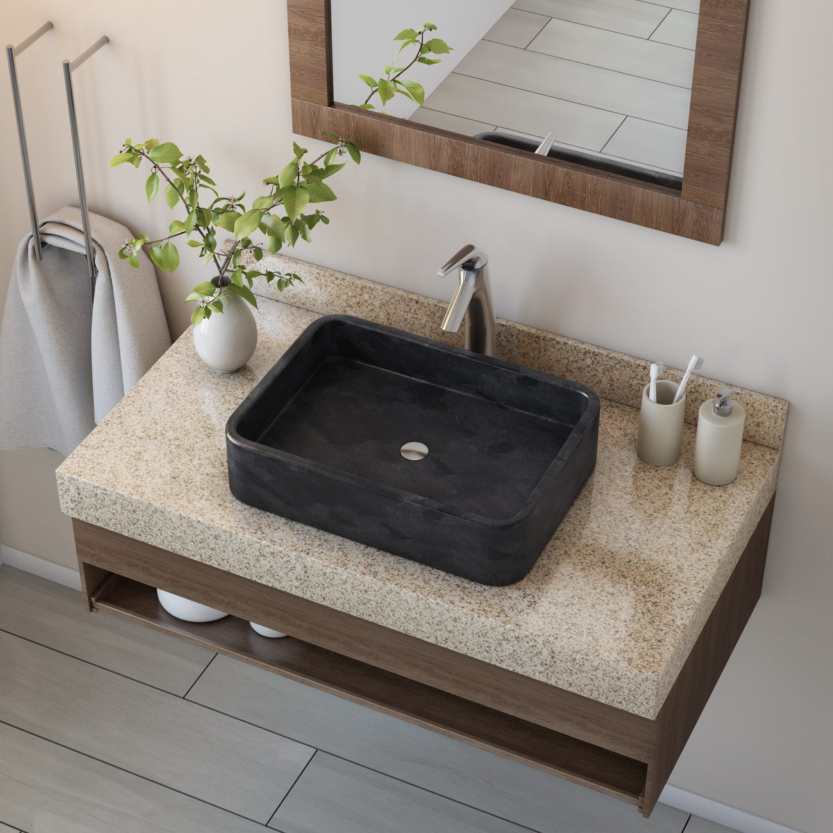 Matte stone vessel sink on a wood vanity in a modern Canadian bathroom