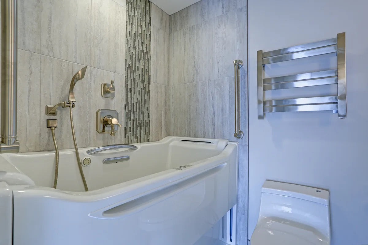 Contemporary bathroom featuring a walk-in bathtub