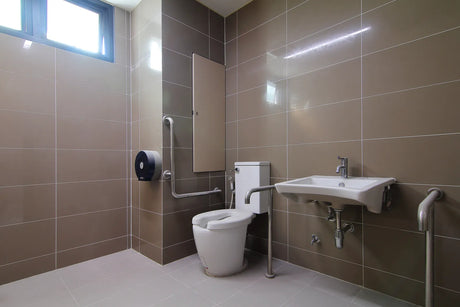 Newly built accessible bathroom with support rails beside the toilet