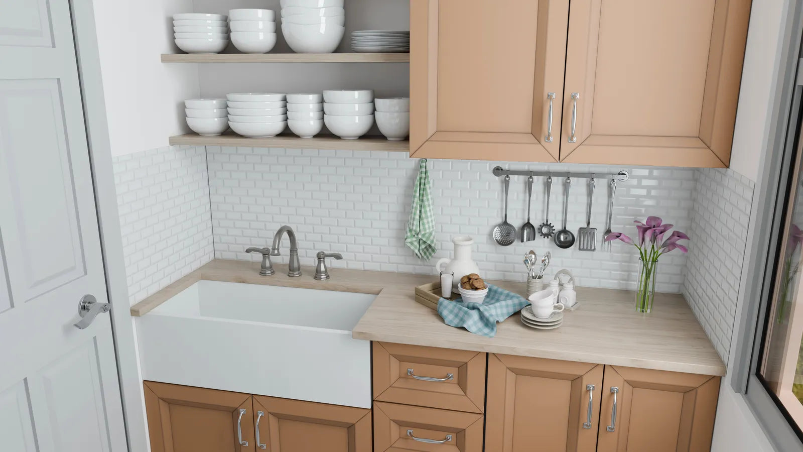 White fireclay apron-front farmhouse sink installed in a wood-cabinet kitchen