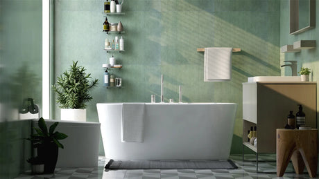 Modern bathroom with a two-piece toilet beside a walk-in shower