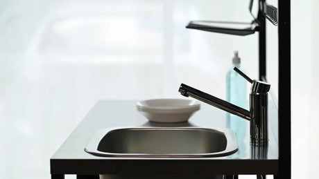 Stainless steel double bowl kitchen sink with a modern faucet in a bright kitchen