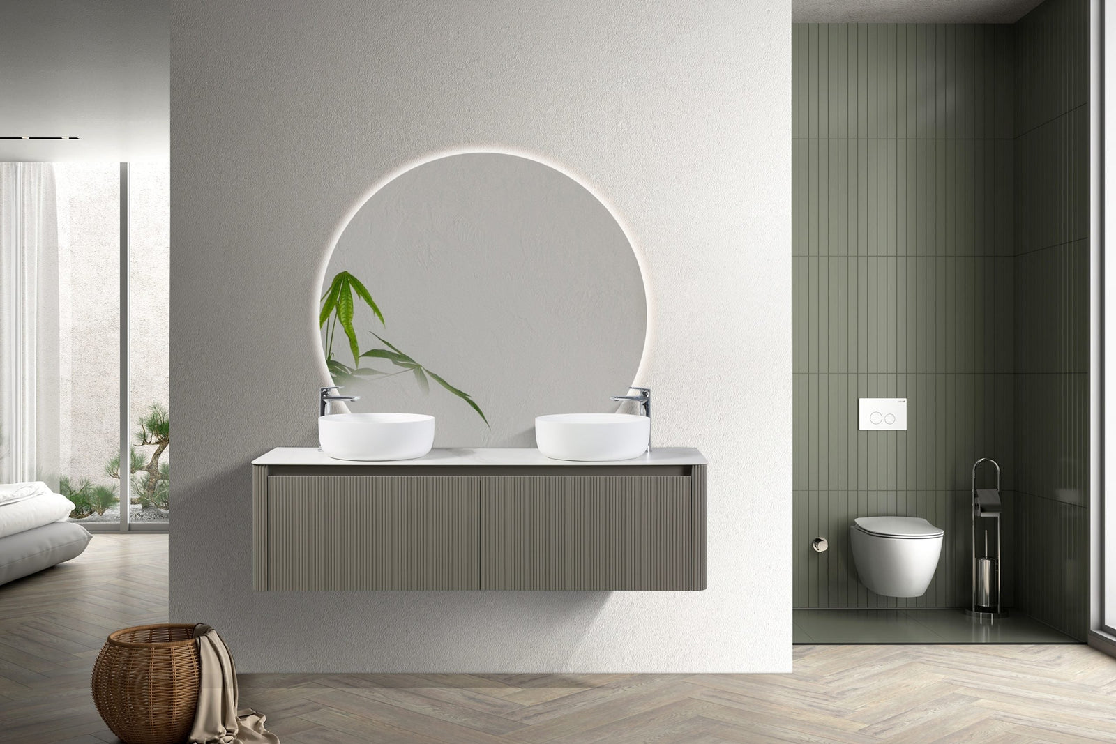 Renovated modern condo bathroom with a wall-mounted vanity and glass walk-in shower