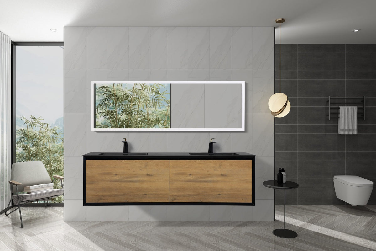 Modern bathroom vanity with wood cabinet, white countertop basin and a framed mirror above
