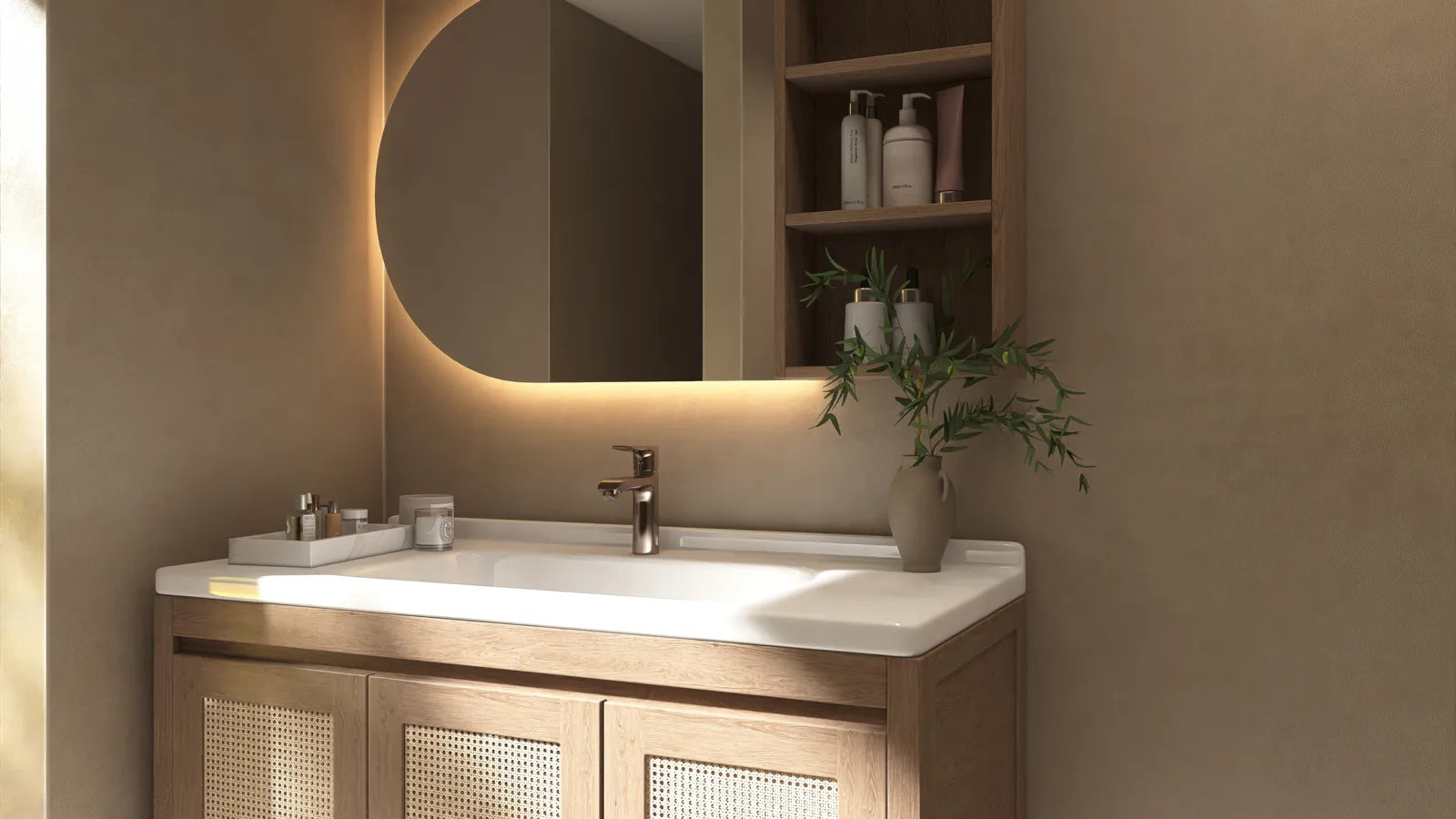 Recessed mirrored medicine cabinet above a bathroom vanity with integrated lighting