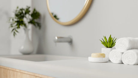 Contemporary bathroom with a white skirted toilet against a tiled wall in a minimalist setting