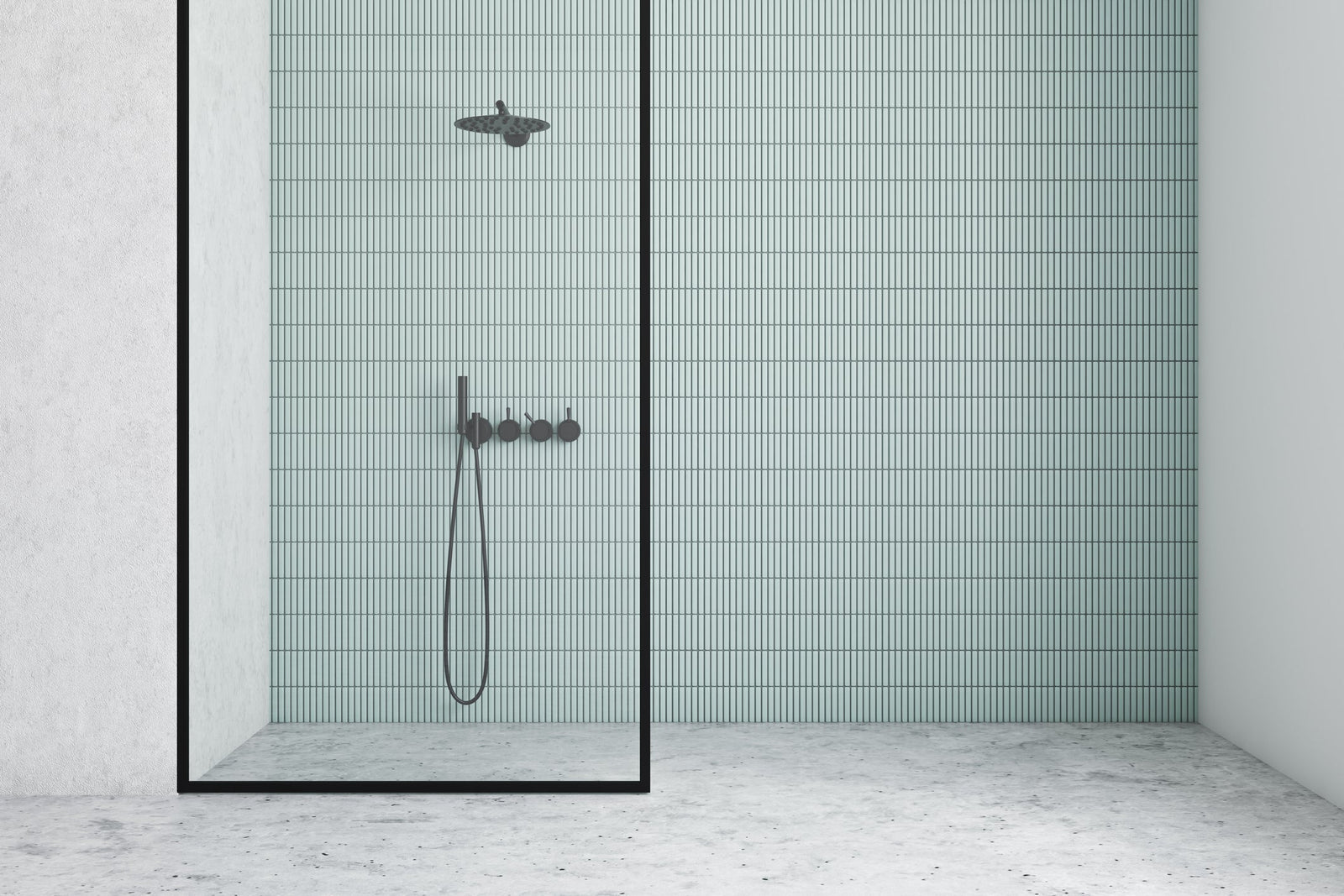 Walk-in shower with a recessed tiled niche holding bottles on two shelves