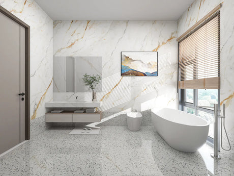White matte freestanding slipper bathtub in a bright modern bathroom