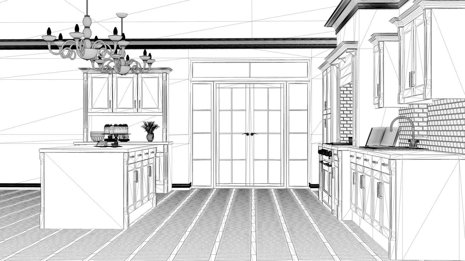 Linear chandelier hung centred above a kitchen island in a modern Canadian home