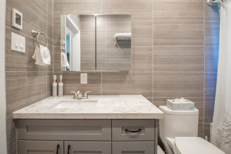 Mirrored medicine cabinet with integrated lighting mounted above a bathroom vanity