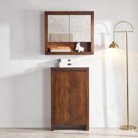 Bathroom vanity with a backlit LED mirror glowing softly above a countertop basin