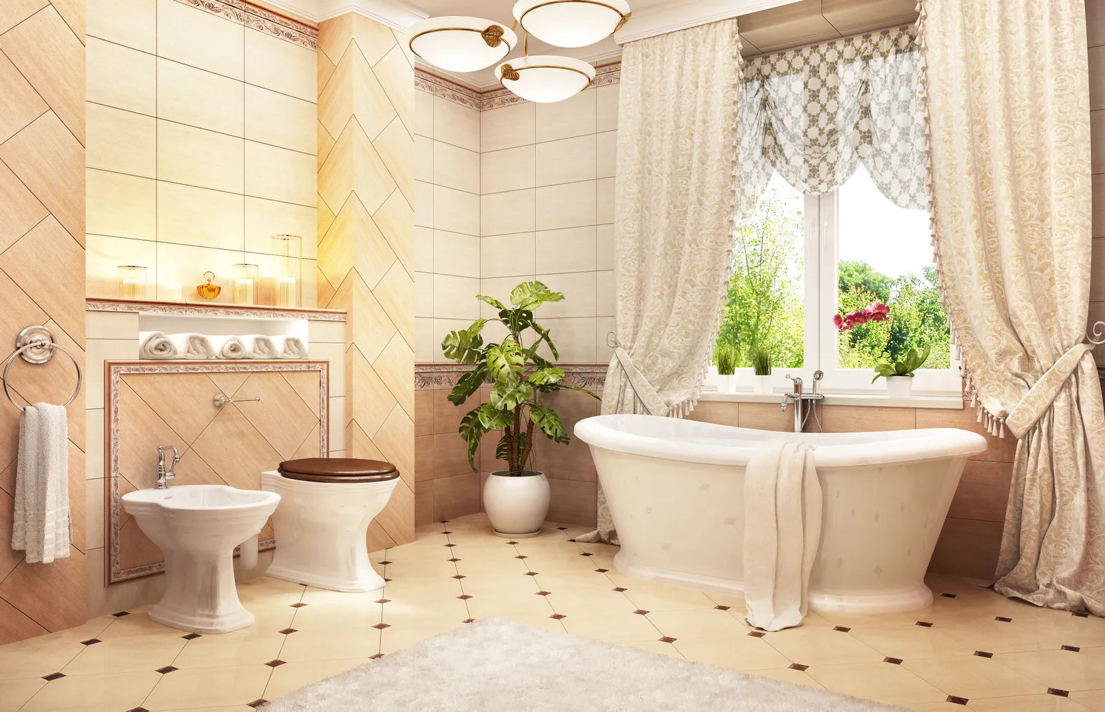 Large double-ended freestanding bathtub in a bright modern bathroom