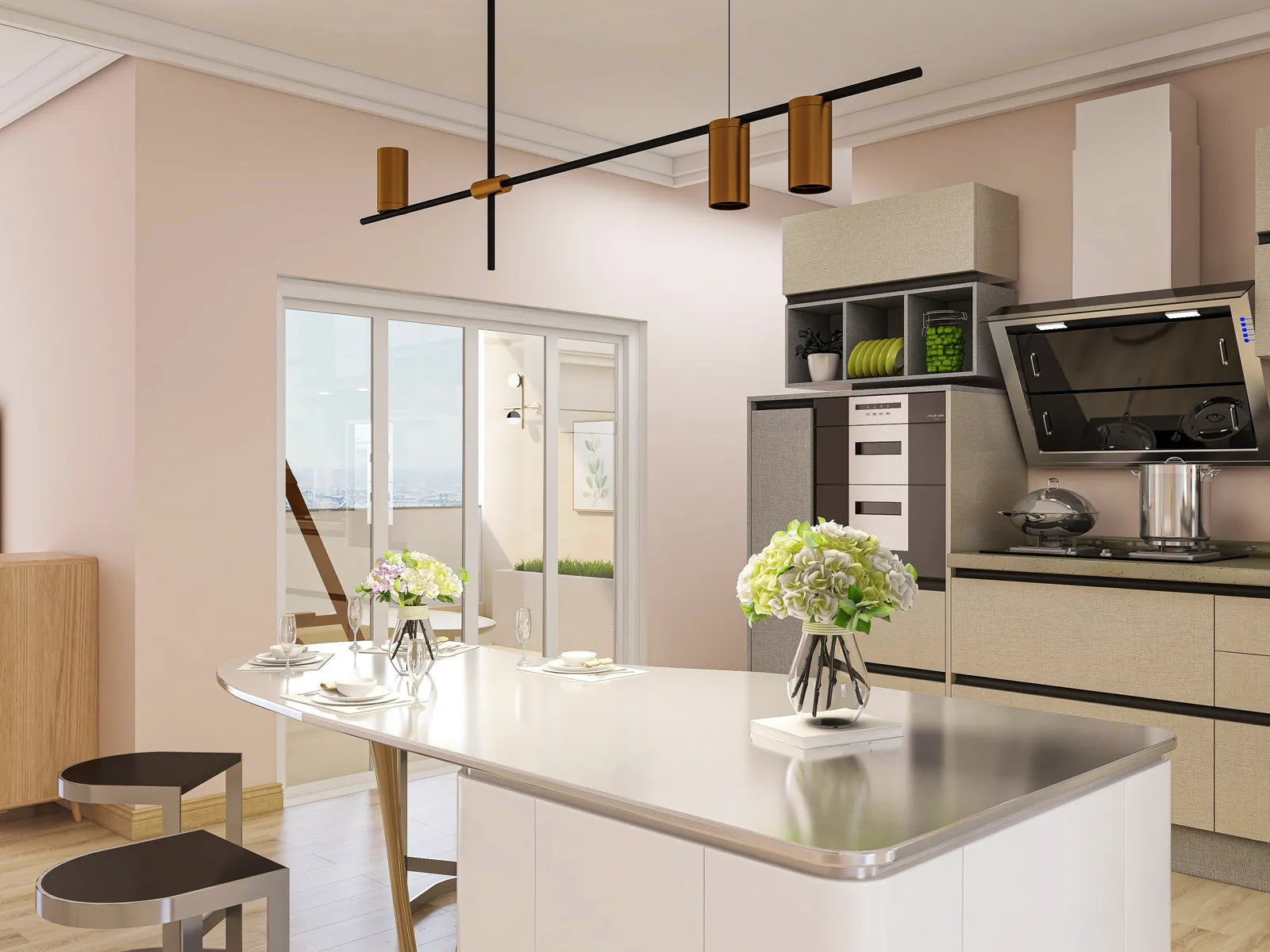 Contemporary kitchen island lit by a slim linear LED pendant fixture suspended above the counter