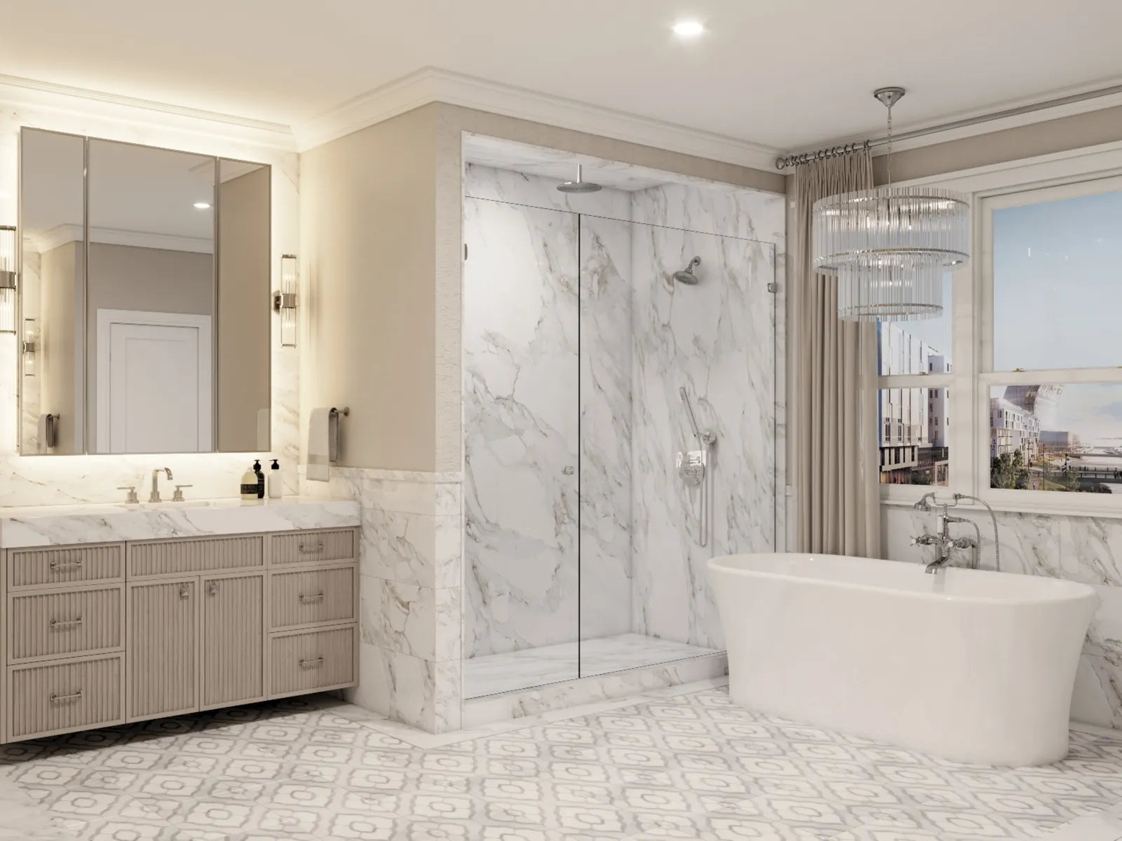 Bathroom vanity with mirror flanked by two wall sconces at eye level