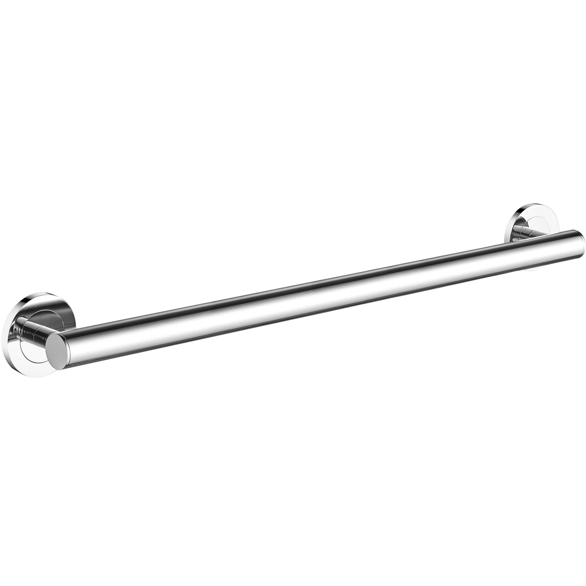 Stainless steel grab bar mounted on a tiled shower wall in a modern bathroom