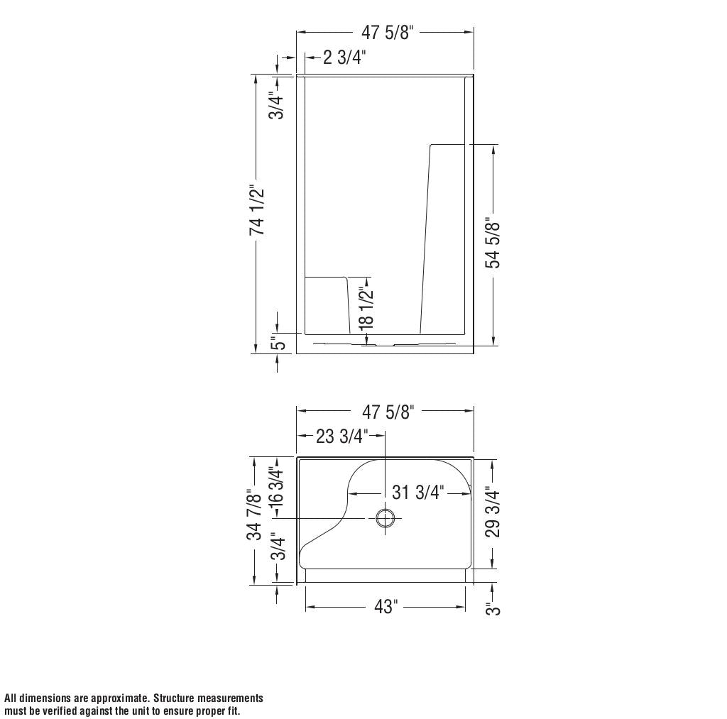 Carlton I 48 x 35 AcrylX Alcove Center Drain One-Piece Shower in White