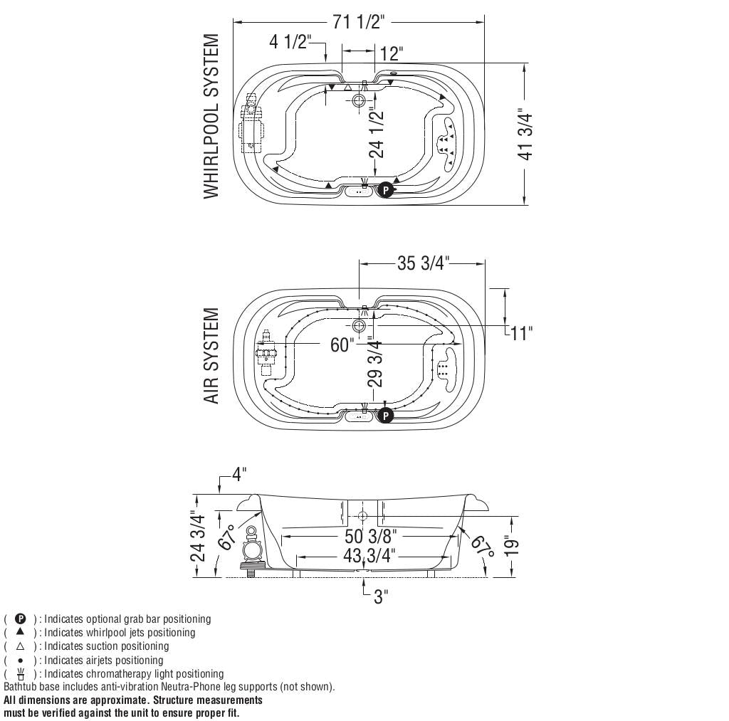 Calla 7242 Acrylic Drop-in Center Drain Bathtub in White