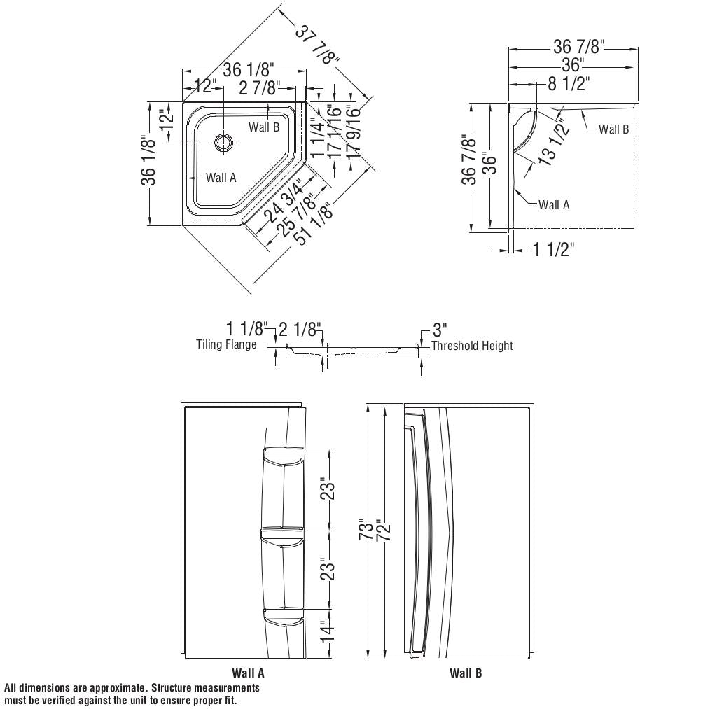 Neo-Angle Base 36 3 in. 36 x 36 Acrylic Corner Left or Right Shower Base with Corner Drain in White