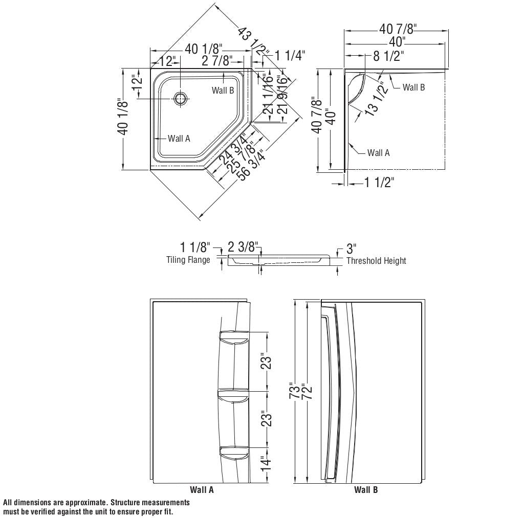 Neo-Angle Base 40 3 in. 40 x 40 Acrylic Corner Left or Right Shower Base with Corner Drain in White
