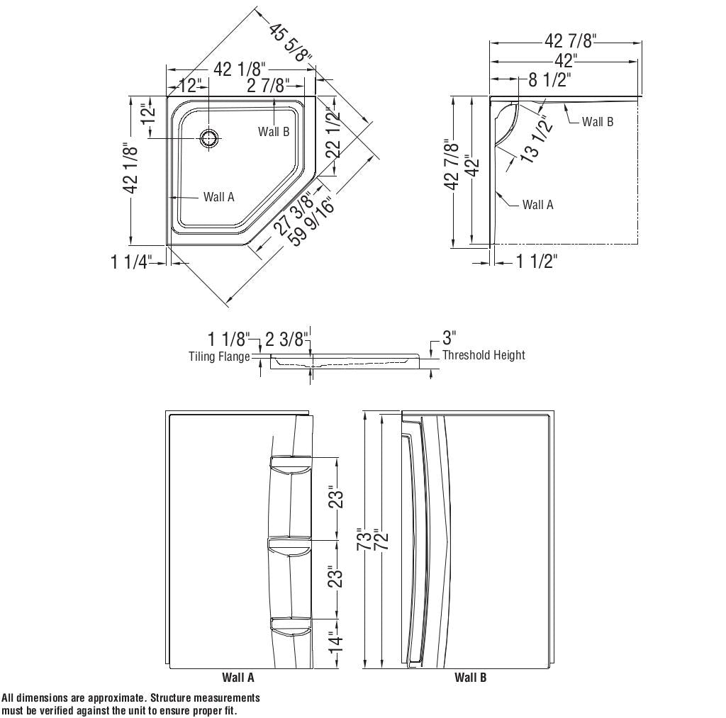 Neo-Angle Base 42 3 in. 42 x 42 Acrylic Corner Left or Right Shower Base with Corner Drain in White