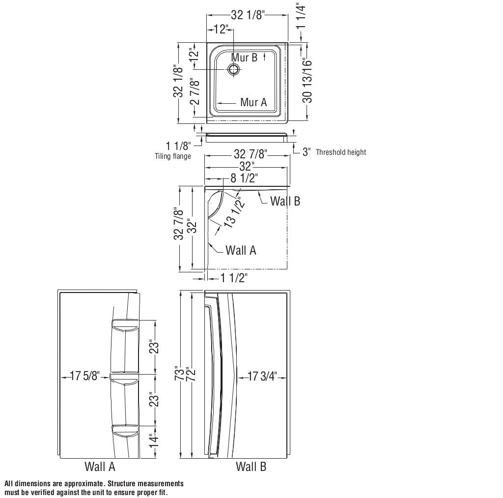 Square Base 32 3 in. 32 x 32 Acrylic Corner Left or Right Shower Base with Corner Drain in White