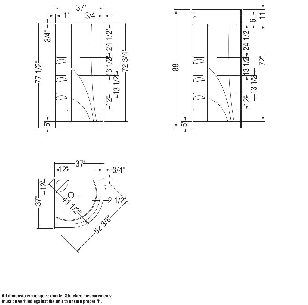 Novello II 37 x 37 Acrylic Corner Center Drain One-Piece Shower in White