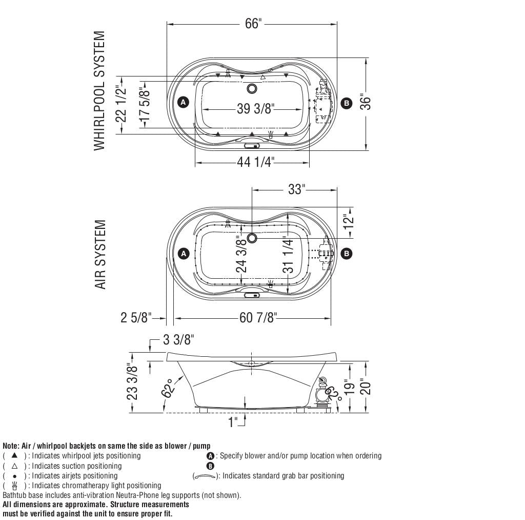Living 6636 Acrylic Drop-in Center Drain Bathtub in White