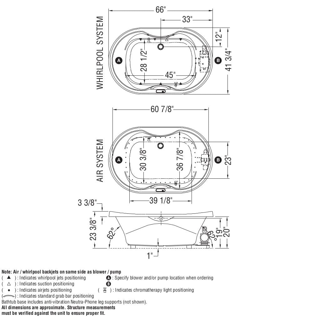 Living 6642 Acrylic Drop-in Center Drain Bathtub in White