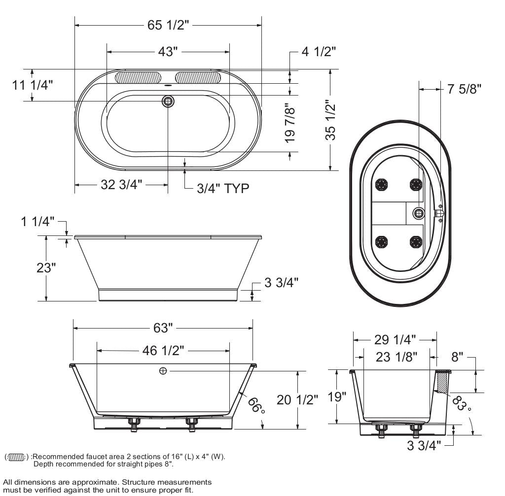 Brioso 6636 AcrylX Freestanding Center Drain Bathtub in White with White Skirt