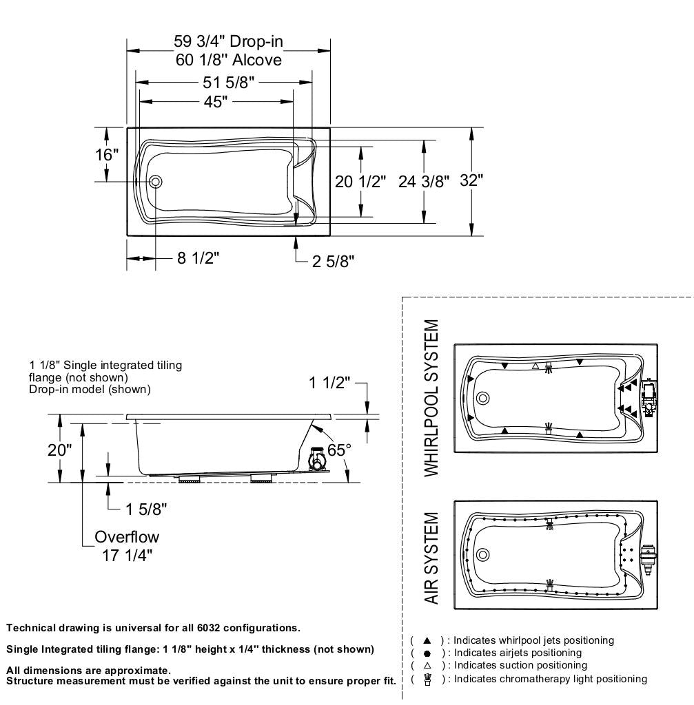 Release 6032 Acrylic Drop-in End Drain Bathtub in White