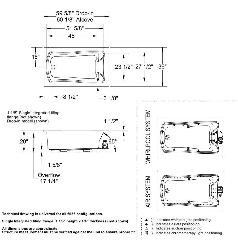 Release 6036 Acrylic Drop-in End Drain Bathtub in White