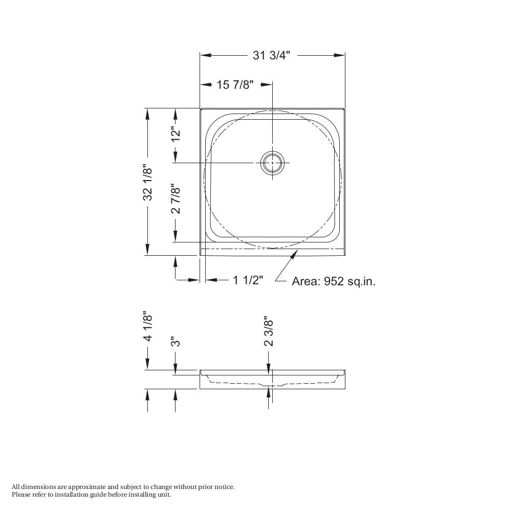 Square Base 32 3 in. 32 x 32 Acrylic Alcove Shower Base with Back Center Drain in White
