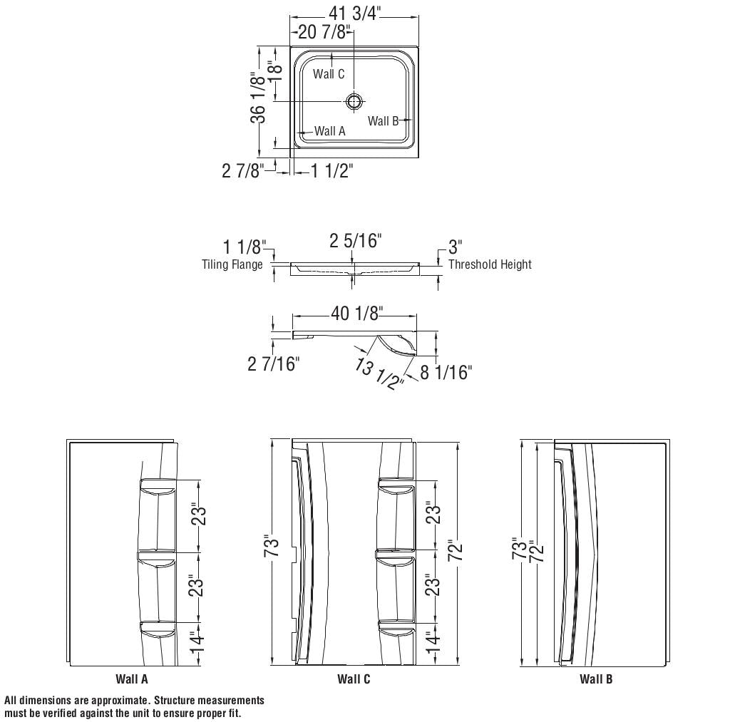 Rectangular Base 4236 3 in. Acrylic Alcove Shower Base with Center Drain in White