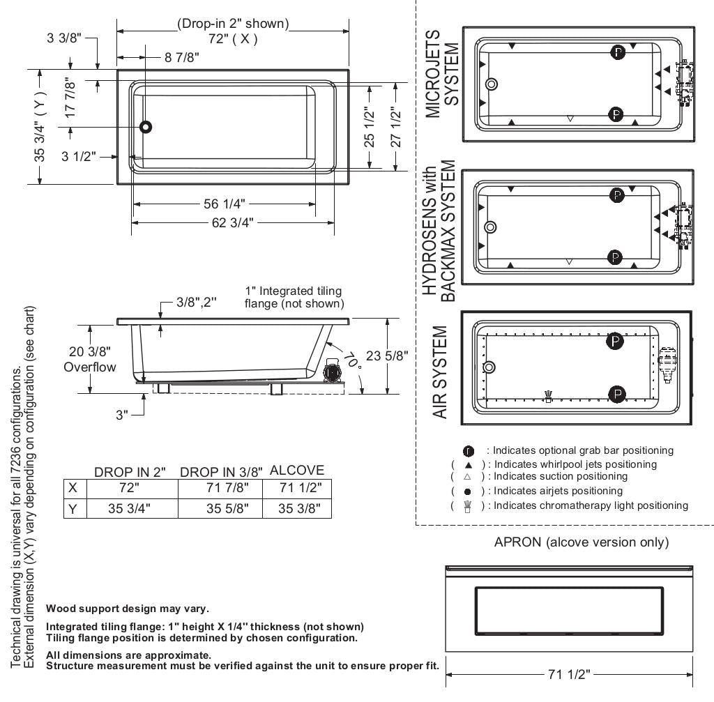 Skybox 7236 Acrylic Drop-in End Drain Bathtub in White