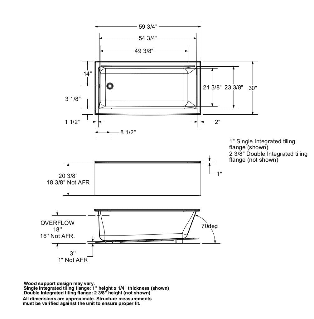 Rubix 6030 Acrylic Alcove Left-Hand Drain Bathtub in White