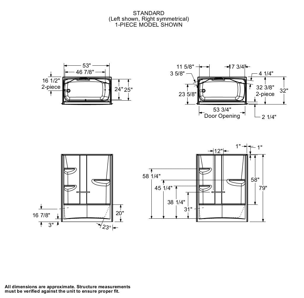 Camelia TS-6032 Acrylic Alcove Left-Hand Drain One-Piece Tub Shower in White