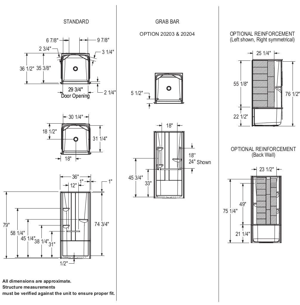 Camelia SH-3636 Acrylic Alcove Center Drain Two-Piece Shower in White