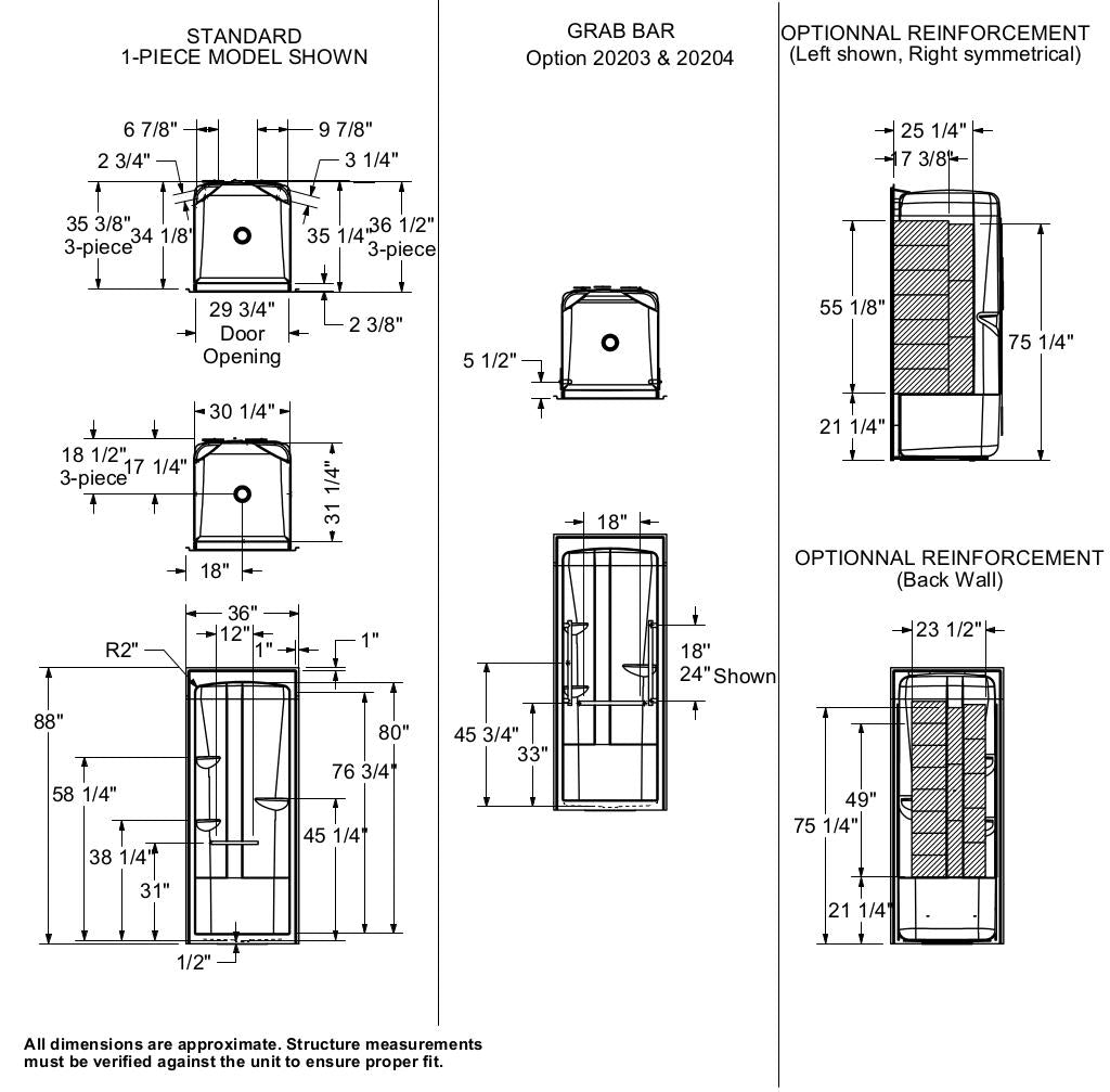Camelia SHR-3636 Acrylic Alcove Center Drain One-Piece Shower in White