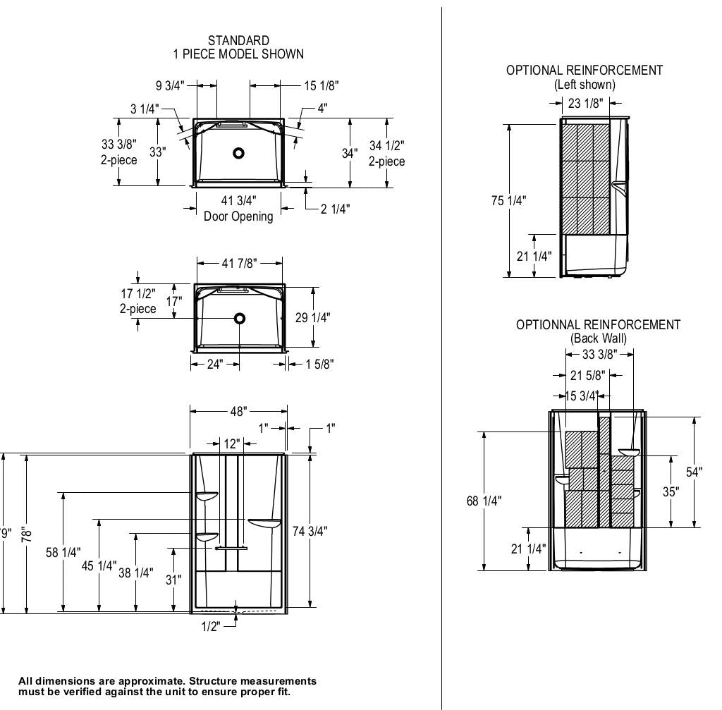Camelia SH-4834 Acrylic Alcove Center Drain Two-Piece Shower in White