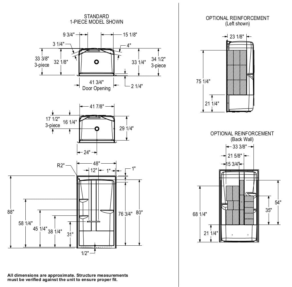 Camelia SHR-4834 Acrylic Alcove Center Drain Three-Piece Shower in White