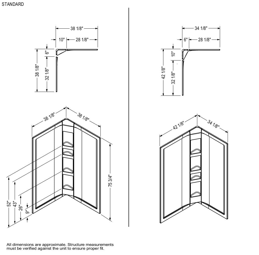 38 x 38 in. Acrylic Three-Piece Corner Shower Wall Kit in White